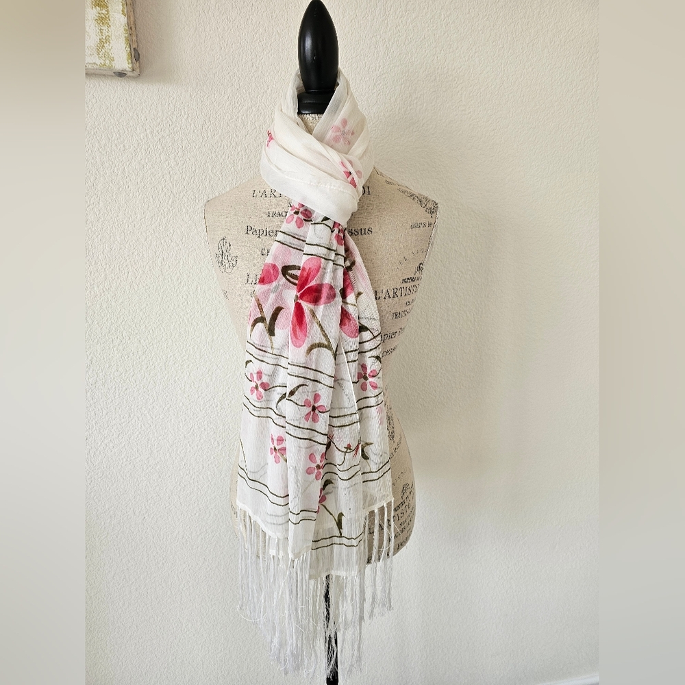 Collection XIIX 100% Viscose Scarf Floral Pink Green Sheer Fringe Lightweight